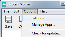 7. Configuración En este apartado se describen los ajustes que se pueden configurar en el IRIScan TM Mouse Wifi. Ajustes Para acceder a los ajustes en Windows: Haga clic en Opciones > Ajustes.