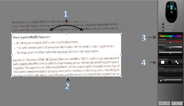 Paso 2: editar los documentos escaneados En la pantalla de edición podrá editar los documentos escaneados. Funciones de la pantalla de edición 3. Ajuste de los colores, el brillo y el 1.