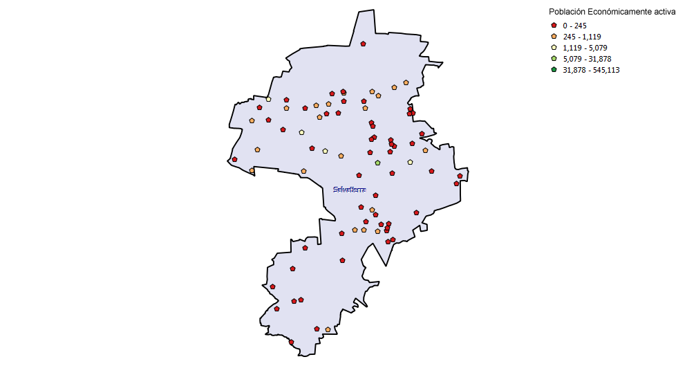 En la Figura 4 se observan las localidades por número de PEA del zona de estudio. Figura 4. Localidades con población económicamente activa. Fuente: INEGI 2010.