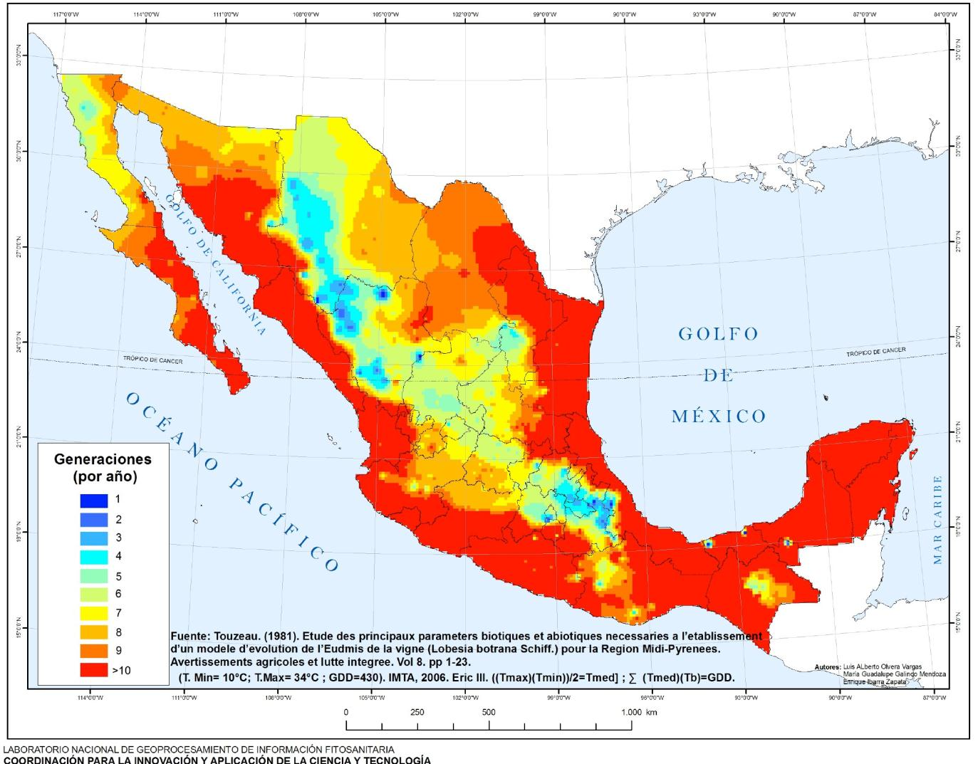Figura 10. Mapa de zonas con condiciones favorables para la ocurrencia de una o más generaciones de L. botrana en México. Créditos: SINAVEF- LaNGIF, 2011.