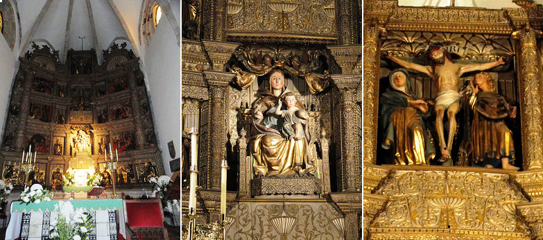 ❶ Gran retablo plateresco dorado y estofado. ❷ En la calle central la Virgen María sedente con el Niño que está siendo coronada por los ángeles.