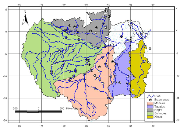 Figura 1. Principales subcuencas de la Amazonía, red de drenaje y estaciones de medición de caudales.