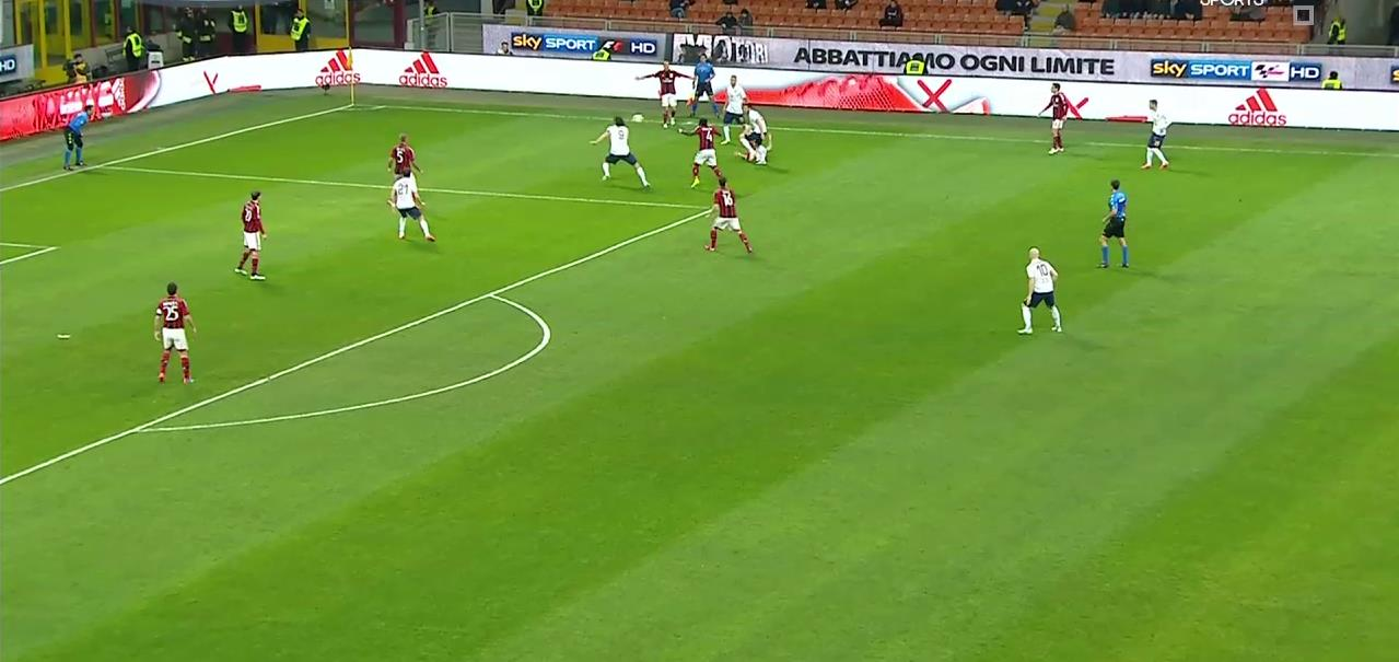 Aquí vemos las dos líneas defensivas del equipo de Inzaghi, los rossoneri se defienden con dos líneas bien juntas e intentando cerrar todos los espacios posibles para que los rivales no
