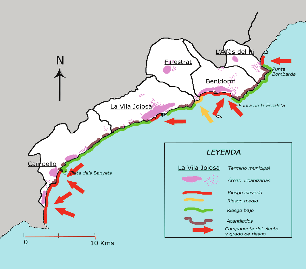 Mapa 2. Delimitación de áreas de riesgo frente a temporales de mar (L Alfàs del Pi-Campello) Fuente: Elaboración propia.