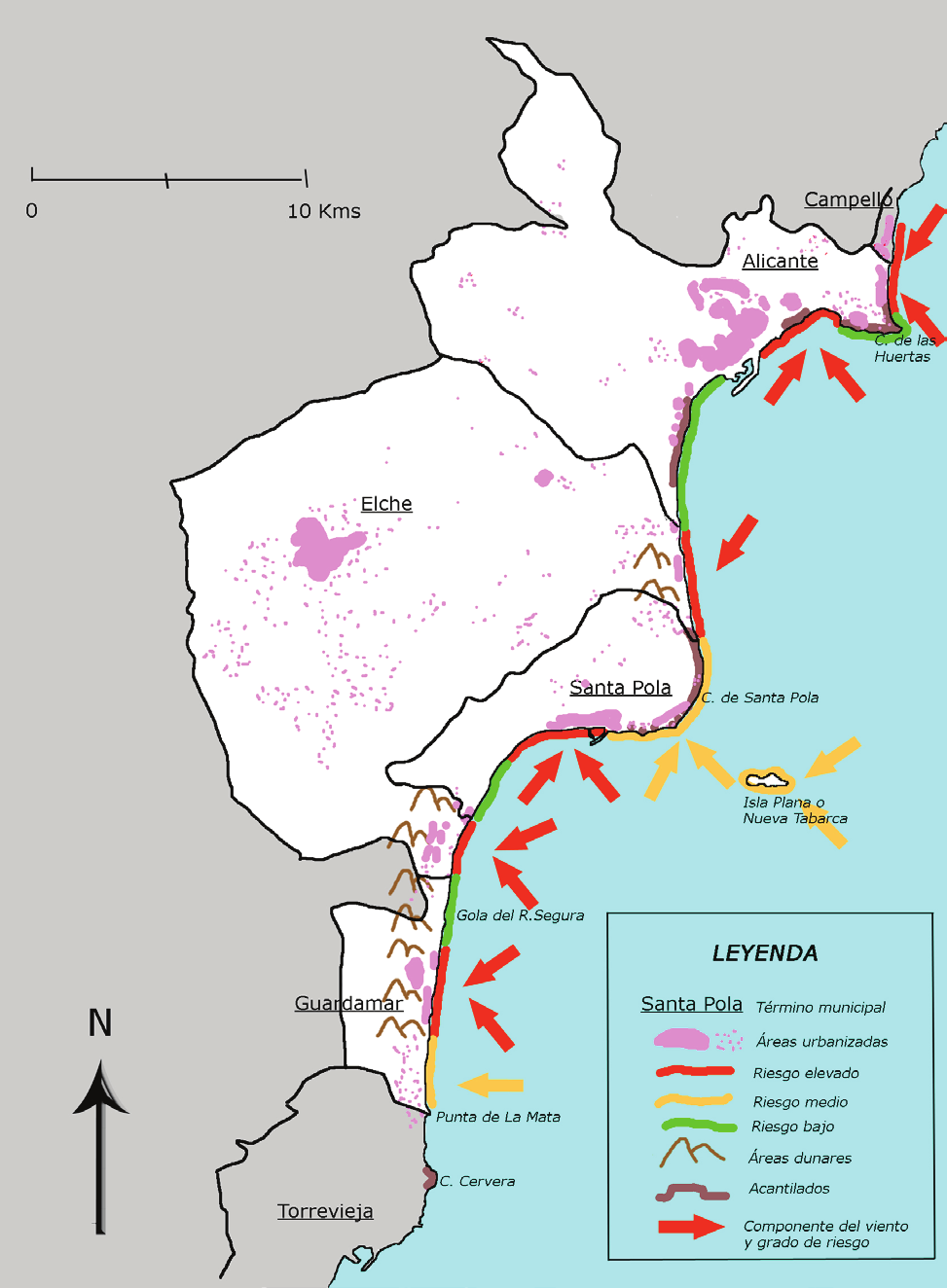 un puerto deportivo que modifica la deriva litoral, la zona de la Albufereta ha sido delimitada como área de riesgo elevado frente a flujos del segundo y el tercer cuadrante. Mapa 3.