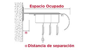 de separación hasta la pared. El espacio que ocupa el sistema colocado es la suma de la distancia de separación según la elección del soporte mas el espacio de la cenefa con el cabezal.