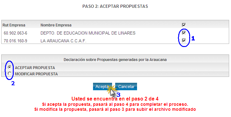 PASO 2. ACEPTAR PROPUESTAS Esta página le permite indicar si la propuesta generada por La Araucana es satisfactoria para Ud., o bien, si enviará modificaciones a ésta. En esta etapa, Ud.