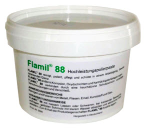 limpiadores Flamil 88 Pasta de pulir de alto rendimiento 650 gr. y 250gr. - Limpia, pule, cuida y protege en una sola operación. - Elimina corrosión, capas de óxido y residuos muy tenaces.