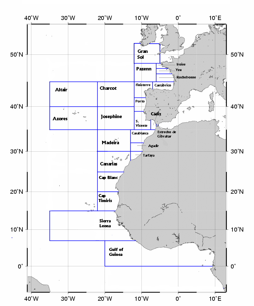 ZONAS MARÍTIMAS DE LOS BOLETINES DE ALTA MAR DEL ATLÁNTICO - INM Figura 2.- Distribución y denominación de las zonas marítimas españolas de alta mar en el Atlántico Figura 3.