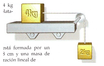 15. Un bloque de 4 kg que descansa sobre una plataforma horizontal sin rozamiento está conectado a otro bloque colgante de 2 kg mediante una cuerda que pasa por una polea (figura).