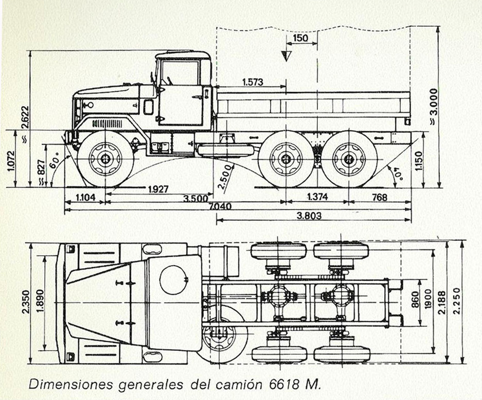 El Barreiros 6618M vendido a la Arabia Saudita, de un folleto de 1969 CUADRO 3: Los MOTORES BARREIROS empleados en sus TODO-TERRENO MILITARES denominaciones potencia (HP) cilindroscilindrada diámetro