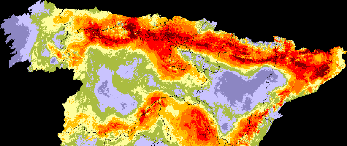 - Mapa de situación actual, que incluye la presencia actual y el área de distribución potencial actual, generado a partir de los datos climáticos del periodo 1961-1990.