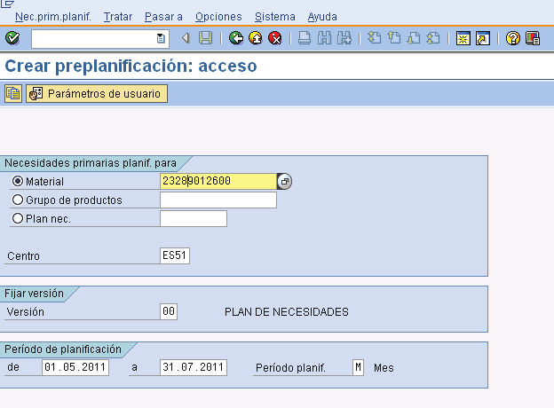 1. Primera pantalla: Figura 80 Acceso MD61 En esta primera pantalla se debe introducir: El código referencia del material al que se le quiere introducir un Plan de Necesidades.