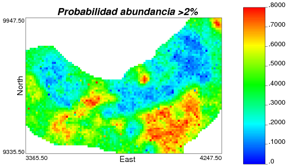 abundancia dentro del complejo mineral de un 3% como aceptable, se puede realizar para las zonas con alta probabilidad de tener abundancias mayores a este límite, mezclas con zonas de baja
