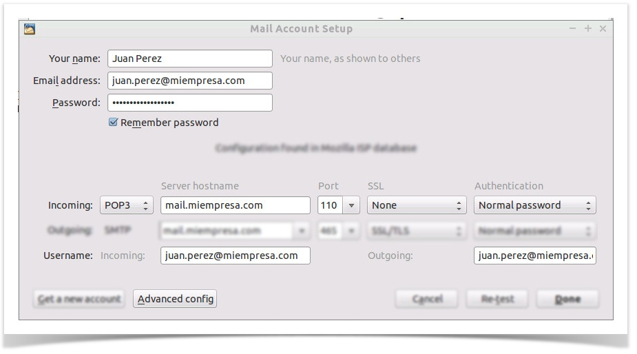 Guía de configuración del correo electrónico en Thunderbird 8 / 15 Figura 6: Configuración del servidor de correo entrante en Tacana En Configuración del servidor, verificar: Puerto / Port: 110