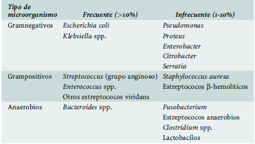 Microbiología: Tener en cuenta origen del absceso. Origen biliar: más frecuente polimicrobianos Criptogenéticos: mayormente monomicrobianos 20-50% polimicrobianos. 15-30% con presencia de anaerobios.
