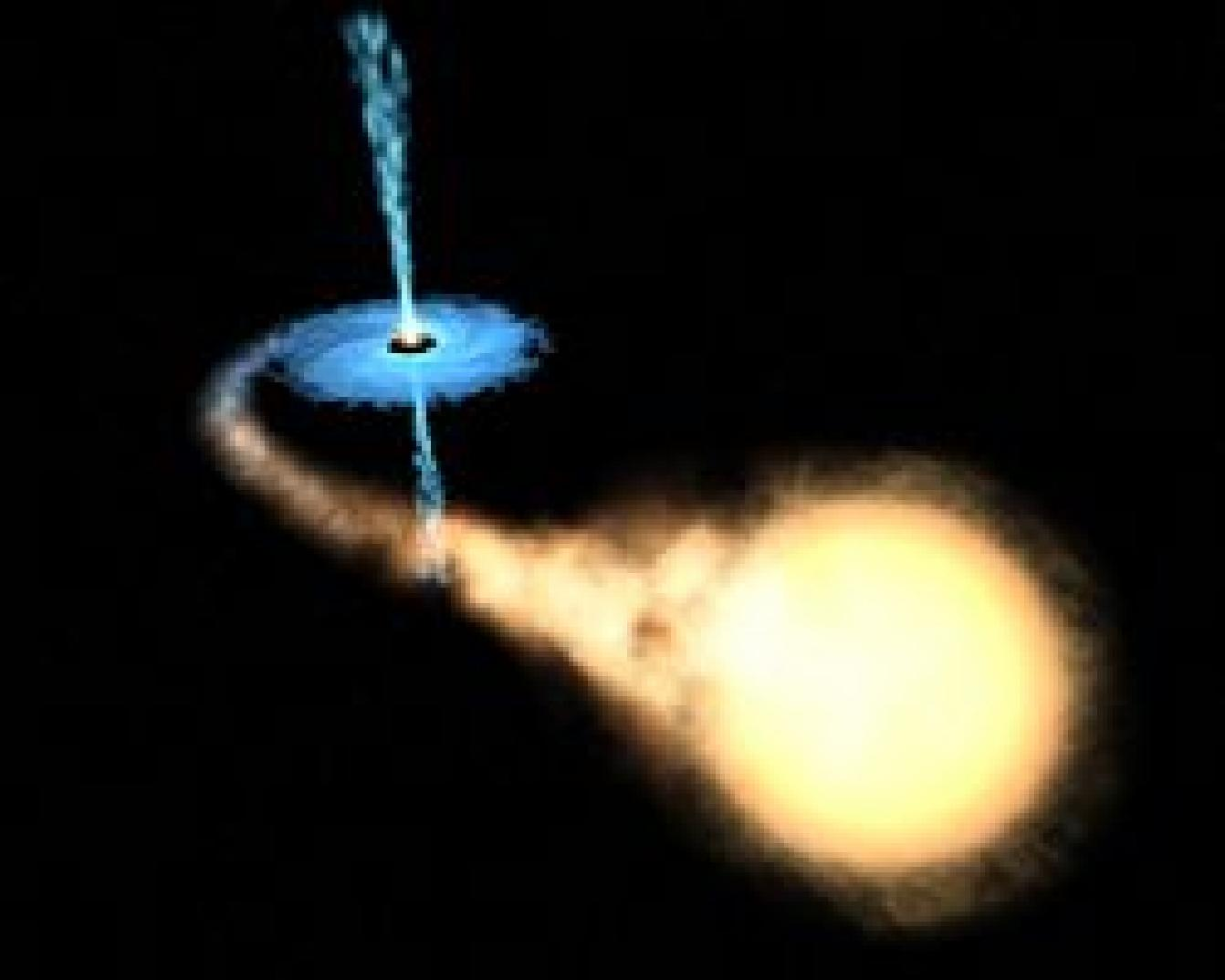 Agujero negro 40 Simulación de la distorsión de la luz producida por un agujero negro de 10Msol con la vía Láctea al fondo.
