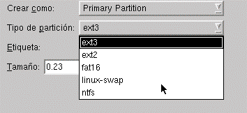 Una vez que aparezca la ventana de Crear una Partición se le habrá de indicar una serie de parámetros: Crear como: Siempre ponemos Primary Partition.