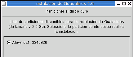 Selección de la partición sobre la que se va a instalar GUADALINEX.