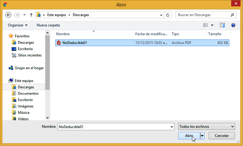 Para adjuntar un documento de clic en el icono Adjuntar, se abrira el explorador de archivos de windows, busque su documento, seleccionelo y a continuación de clic en abrir.