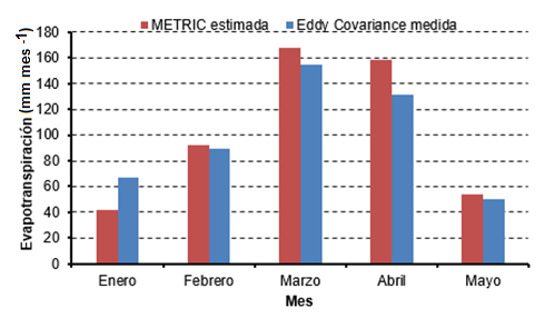 Cuadro 9. Estimaciones mensuales de ET Evapotranspiración (mm mes -1 ) MES METRIC Eddy Covariance Diferencia %Error Enero 42.0 67.3 25.3 37.6 Febrero 91.8 89.3-2.5-2.8 Marzo 168.3 155.0-13.3-8.