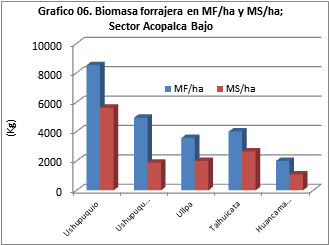 En el sector Sillapata Aylli la biomasa forrajera fue mayor en la parcela denominada Sillapata con 2279 kg MS/ha, seguida por la parcela denominada Aylli con 1960 kg MS/ha y la parcela Tashama con