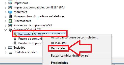 Hacemos clic derecho sobre el controlador PereLoader USB VCOM Port () y en el siguiente cuadro