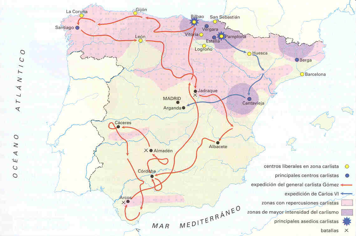 La Segunda Guerra Carlista (1846-1849): se desarrolló en el Maestrazgo y Cataluña, con el general Cabrera al mando de los militares carlistas.