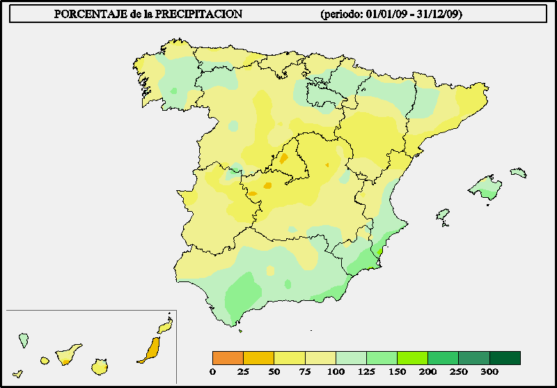que cruza el centro peninsular desde el este de Extremadura hasta el sur de Cataluña, las precipitaciones acumuladas en el año 2009 se sitúan en general entre el 60 % y el 80% del valor normal anual.
