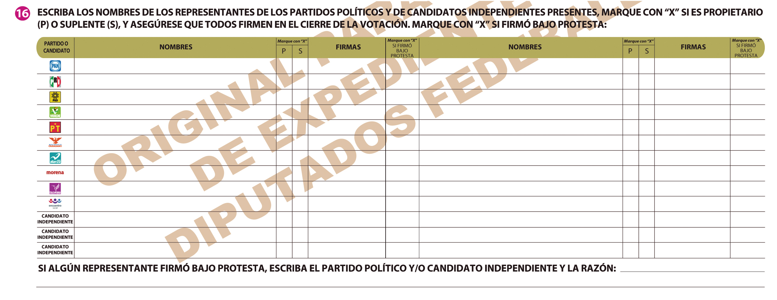 Manual del Funcionario de Casilla Casilla Única En el número 16 anotan los nombres de los representantes de partido político y de candidato independiente presentes y se aseguran de que firmen.