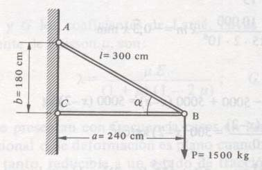 El sistema articulado indicado en la figura está formado por una barra de acero AB y una viga de madera BC, situadas ambas piezas en un mismo plano vertical.