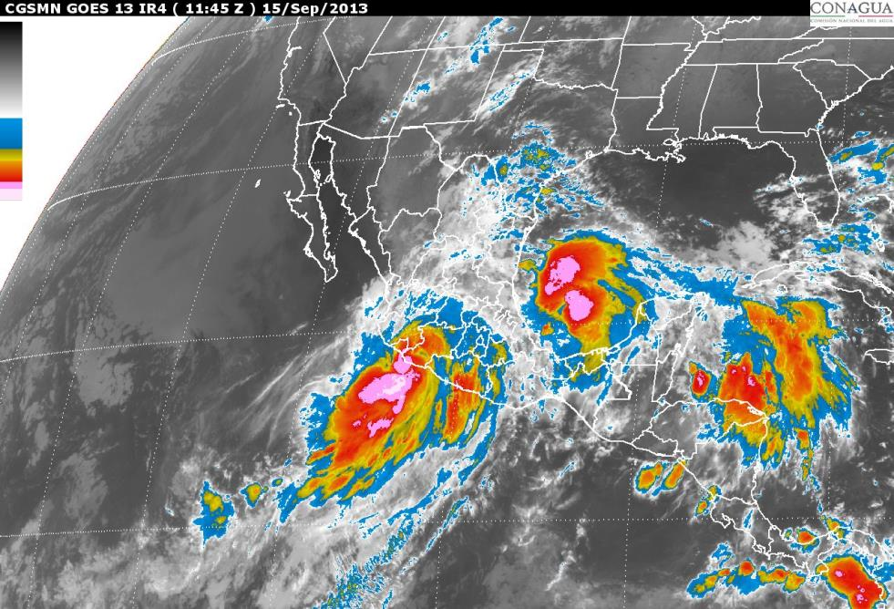 Imagen de satélite infrarroja con la tormenta tropical Manuel, el día