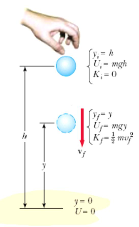 Ejemplo: Una bola de masa m se deja caer desde una altura h por encima del piso, como se ve en la figura: (A) Despreciando la resistencia del aire, determine la rapidez de bola cuando esta a una