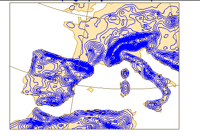 Orografía del modelo del Centro Europeo de Predicción de Plazo Medio, CEPPM, en decámetros. La orografía de un modelo es otra aproximación a la topografía rea.