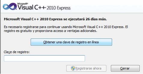 Registrar Visual C++ 2010 Express Presionar para obtener la