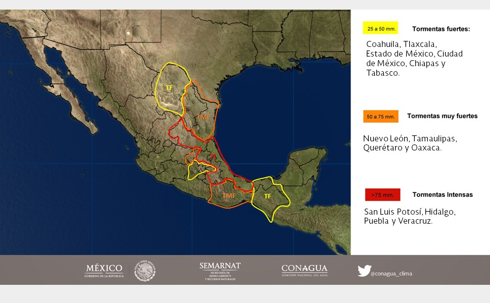 Lluvias con intervalos de chubascos (5.1 a 25 mm): Chihuahua, Durango, Zacatecas, Guanajuato, Michoacán, Guerrero, Morelos y Campeche. Lloviznas (0.