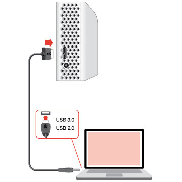 Paso 2: Conexión al ordenador Conecte el extremo micro-b del cable USB incluido a la unidad Backup Plus Hub. Conecte el extremo de tipo A del cable USB incluido a un puerto compatible de su ordenador.