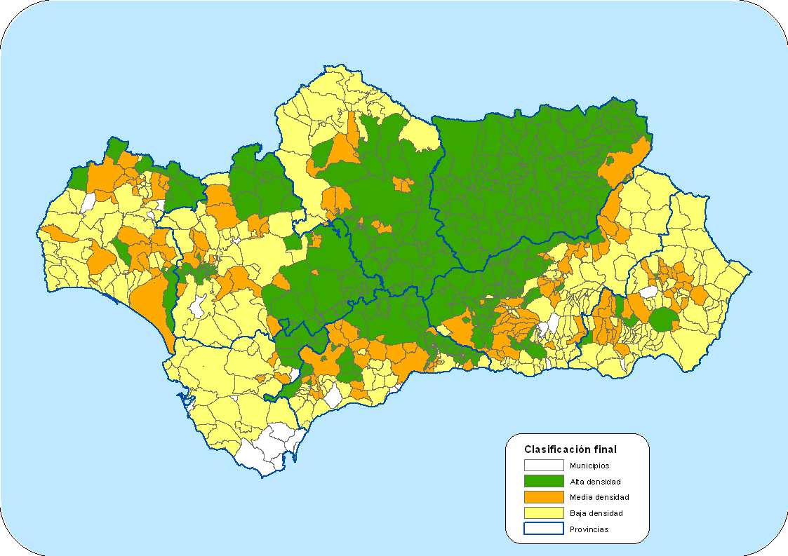 Mapa 21 Clasificación final de los territorios de olivar en Andalucía. Fuente: Elaboración propia. Con todo, dentro de la categoría de alta intensidad entrarían 309 municipios, que con 1.330.
