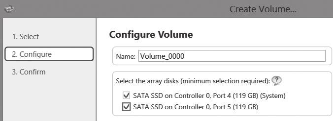 Wählen Sie unter "Configure Volume 5 Type" die "Optimized disc performance (RAID 0/)"-Option und klicken Sie dann "Next".