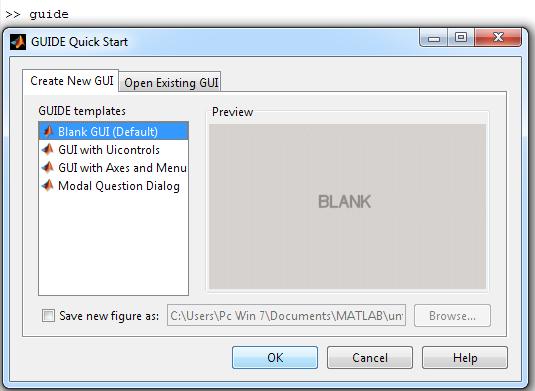 Figura 2.32: Interfaz para abrir un nuevo proyecto en GUI. Haciendo un click en el ícono que muestra la figura: Figura 2.33: Ícono de GUI en Matlab.