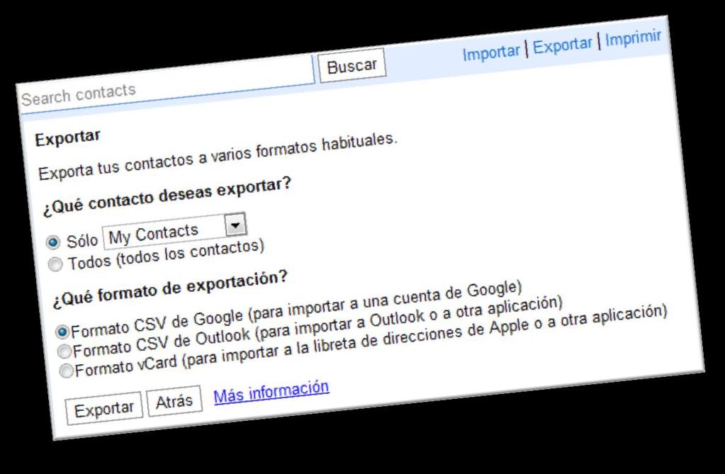Trabajando Exportar contactos en Webmail Podrá exportar todos sus contactos o sólo los pertenecientes a un
