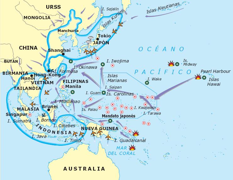 2.- El desarrollo de la guerra Las fases de la guerra Ampliación La inversión de la marea (1943-1944) En el Pacífico Contraataque estadounidense, verano de 1942 Derrotas japonesas en mar del