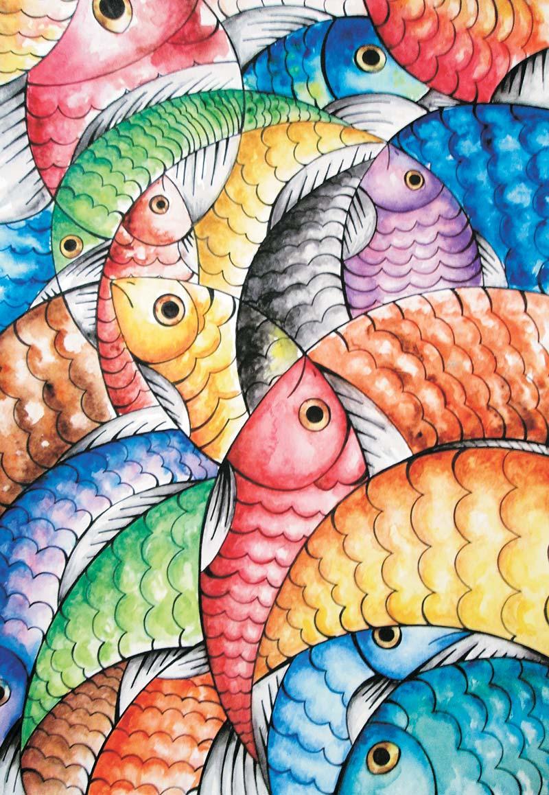 Un mar de líneas y colores, los habitantes son peces que se funden entre ellos y la alegría de los