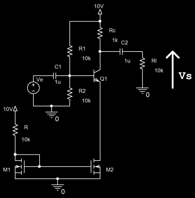 5. Dado el circuito de la figura. a. Calcular la ganancia en tensión a frecuencias medias (/Ve) c.