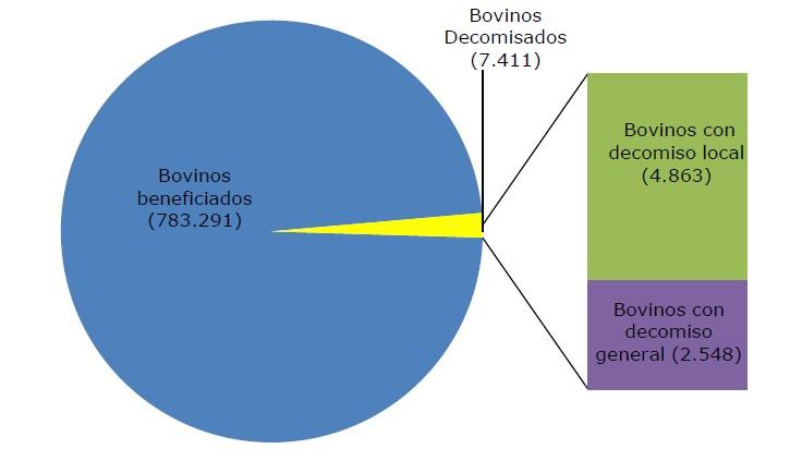 Gráfico N 9. Cantidad de bovinos beneficiados, hallazgos de lesiones del tipo granulomatosas y tipo de decomiso efectuado, datos observados durante el año 203 a nivel nacional.