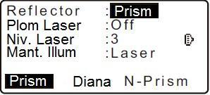 Al seguir bajando en el menu estrella, nos aparecen los siguientes modulos a configurar: Reflector: En esta selección nos da a elegir entre tres modalidades, medición con Prisma, Diana y No Prisma.