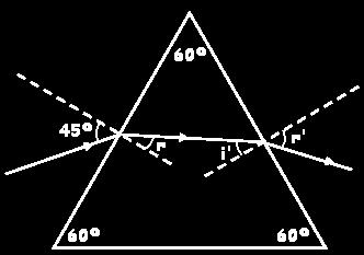 17.- U rayo de luz moocromática llega a u prisma equilátero bajo u águlo de icidecia de 45º. El ídice de refracció del prisma es 1,50.