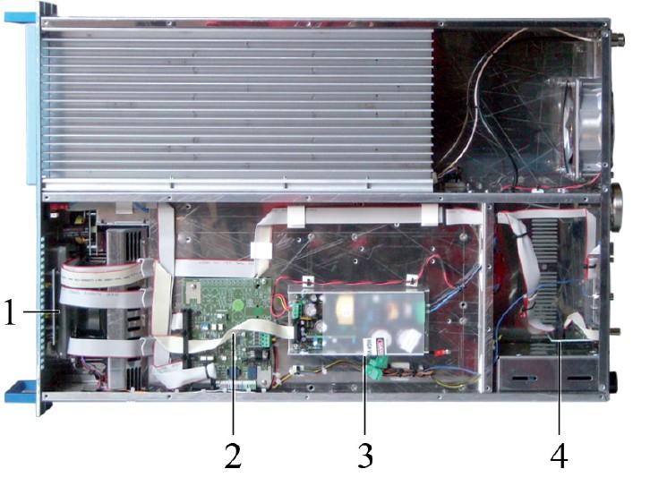 [1] La Placa de Bias [2] Pasa por la Placa [3] la Placa del Filtro paso bajo y acoplador direccional [4] la Placa de Panel [5] el ventilador FAN1 [6] el módulo de Fuente de energía [7] el módulo de