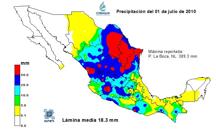 Figura 4. Mapa de lluvias registradas del 30 de junio al 1 de julio Rango máximo registrado: 250 a 500 mm/24 horas Figura 5.