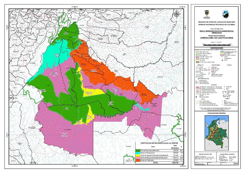 Mapa 1. Área de Manejo Especial de la Macarena. Fuente: SIG-actualización Plan de Manejo PNN Cordillera de los Picachos 2013.